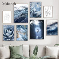 flower canvas painting blue ocean poster nordic art prints waves posters diving print natural landscape wall pictures home decor