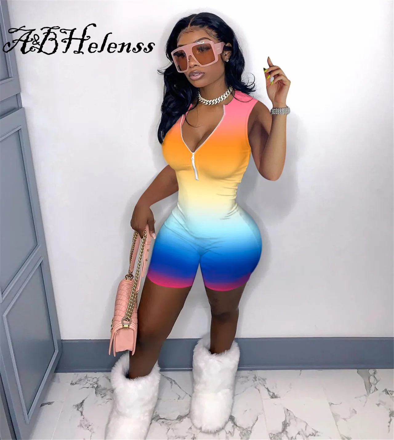 

A&BHelenss Gradation of color Deep V Neck Sleeveless Skinny Bodysuits Tight Club Party Lady Fashion Young Party Bodysuits
