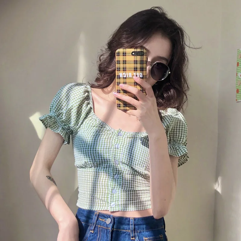 

Sexy Women Blouse Fashion Plaid Crop Top Short Sleeve Shirt Korean Slim Vintage Puff Sleeve Shirts Preppy Style Cropped Tops