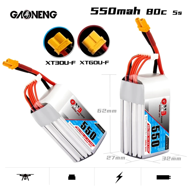 

1-10PCS GNB GAONENG 550mAh 5S1P 18.5V XT30U-F Plug 80C/160C Four Axis Traversing Aircraft Remote Control UAV Lithium Battery