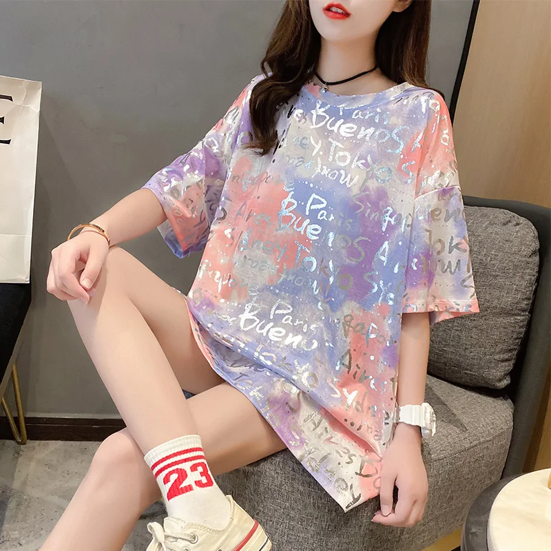 Футболка большого размера с сияющими буквами топы футболки 2021 летняя Женская