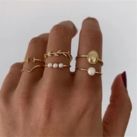 early han 2021 trend retro pearl leaves ring set ladies stainless steel ring jewelry 6 piece fashion gold plated jewelry set