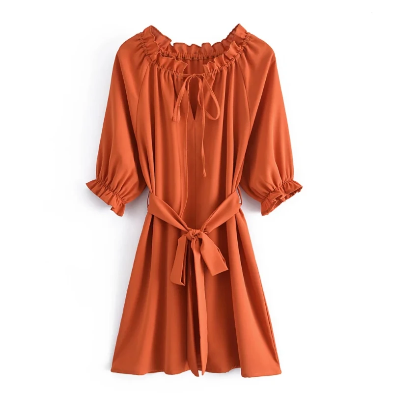 

Women Slash Neck Drawstring Mini Dress Female Lantern Sleeve Clothes Casual Lady Loose Vestido D9157
