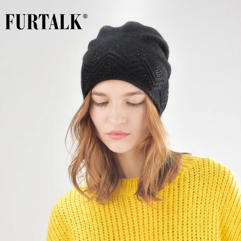 FURTALK/осенне-зимняя шерстяная Круглая Шапочка, шапка для женщин, шапки из кроличьего меха со стразами, двойная шапка Skullies Beanie для женщин