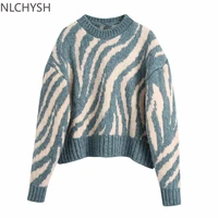 women 2021 fashion jacquard animal print loose crop knit sweater vintage o neck long sleeve female pullovers chic tops