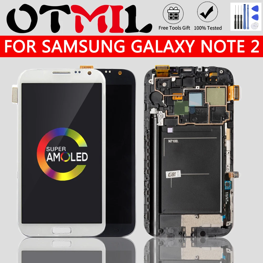 

Сменный ЖК-дисплей OTMIL AMOLED для Samsung Galaxy Note2 Note 2 N7100, ЖК-дисплей с рамкой, сенсорный дигитайзер в сборе, стекло