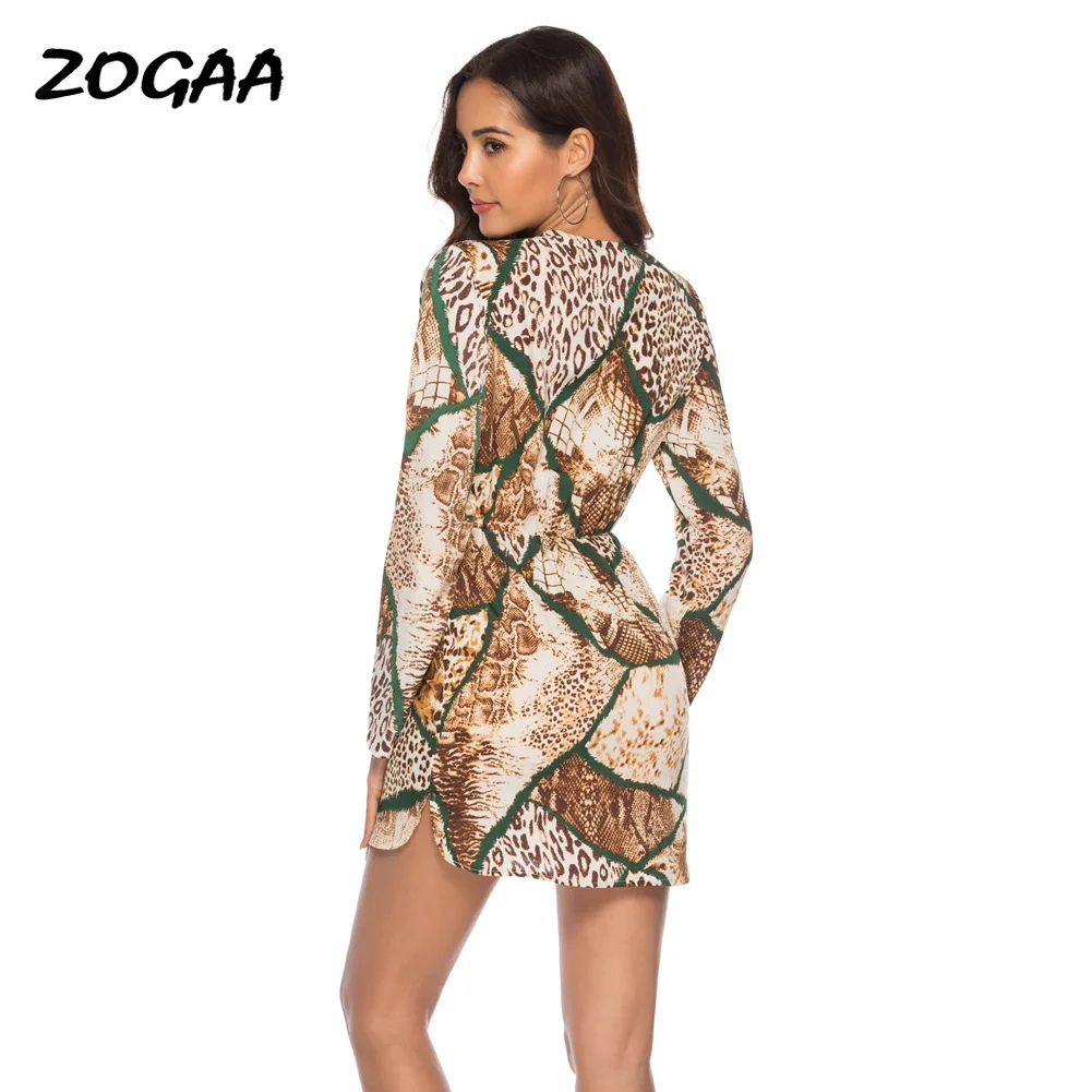 

ZOGAA Brown Snake Printed Dress Women Holiday Long Sleeve V-Neck Dresses Autumn Spring Short Mini Dresses Vestidos