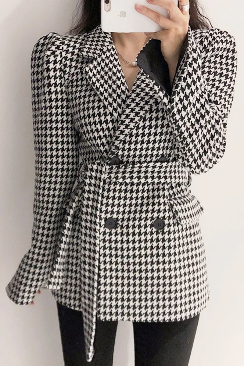 

Korean chic autumn retro suit collar double-breasted bandage waist cuffs split houndstooth woolen coat women
