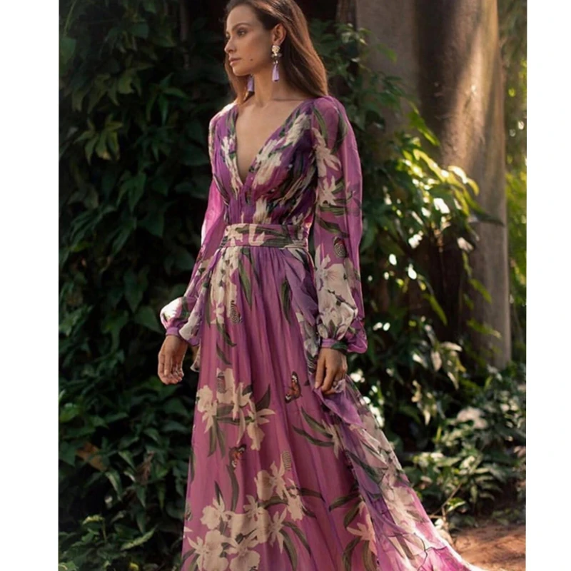 

2021 New Summer Holiday Fashion Plus Large Size Women Casual Dress Beach Wear Sexy Boho Floral Print Maxi Long Bohemian Dress