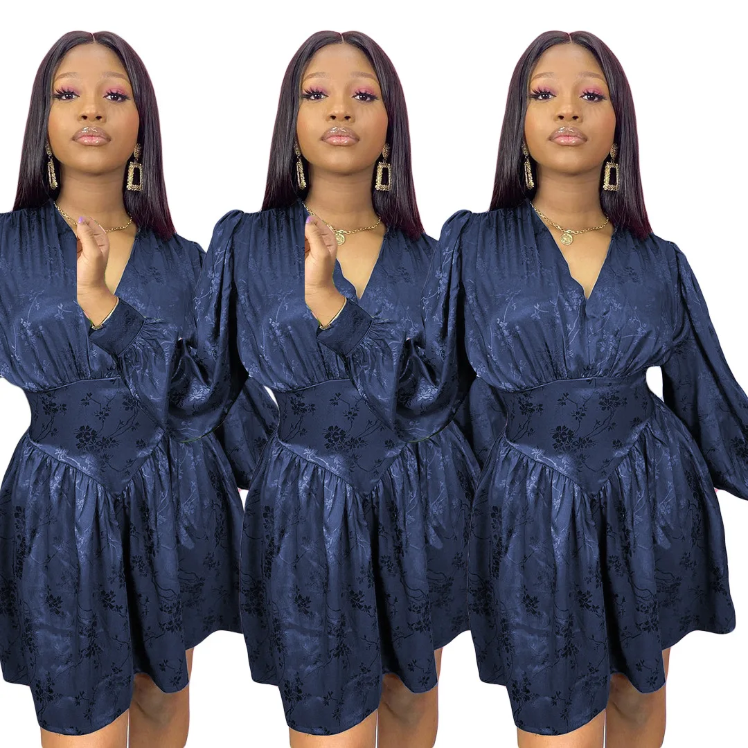 

Oluolin Autumn New Sexy Pleated Print Long-sleeved V-neck Waist Floral Dress Woman Nightclub Party Mini Skirt Casual Outfits