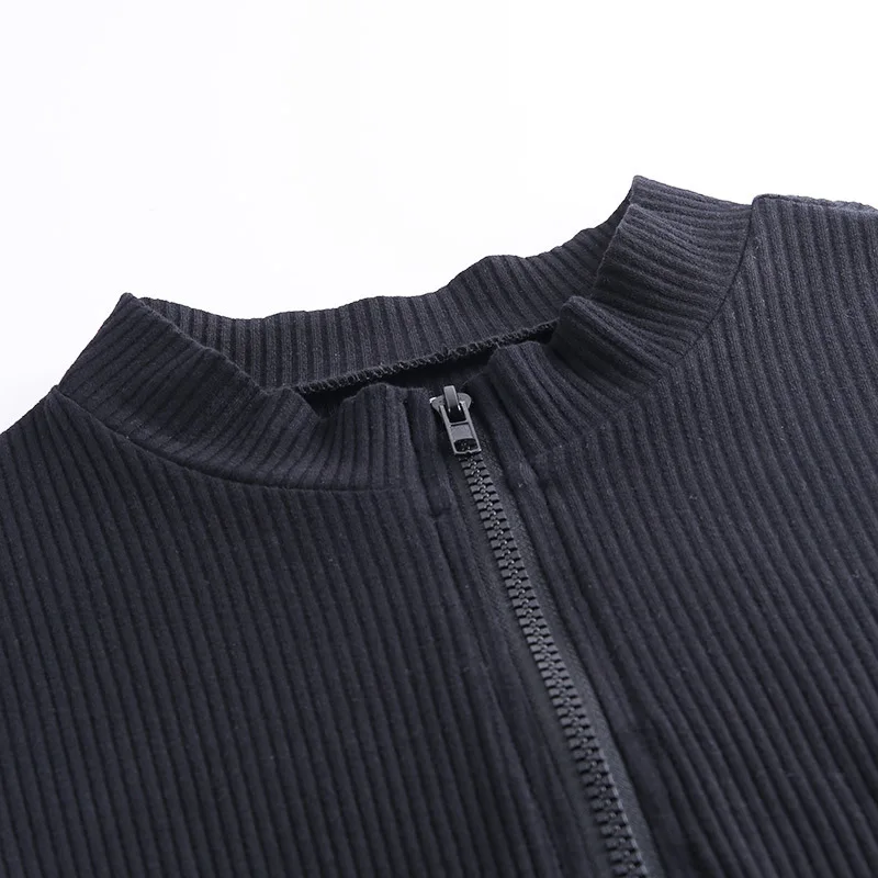 

2020 Streetwear Women's Bodycon Slim Dress Solid Color Ribbed Knitted Summer Sexy Short Sleeve V Neck Zipper Party Mini Dresses