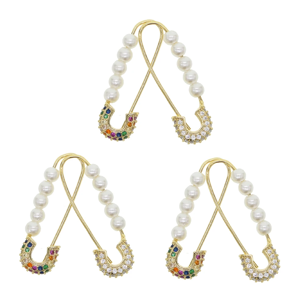 

2020 summer new arrive trendy women jewelry white sea pearl beaded white rainbow cz safety pin hoop earring