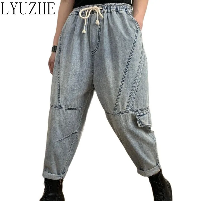

Женские винтажные джинсы LYUZHE в стиле пэчворк, модель сезона осень 2021 года, модные женские шаровары с кулиской, джинсовые брюки до щиколотки, ...