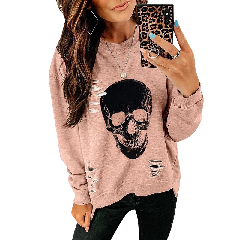 Женская футболка с принтом скелета свободная повседневная длинным рукавом и