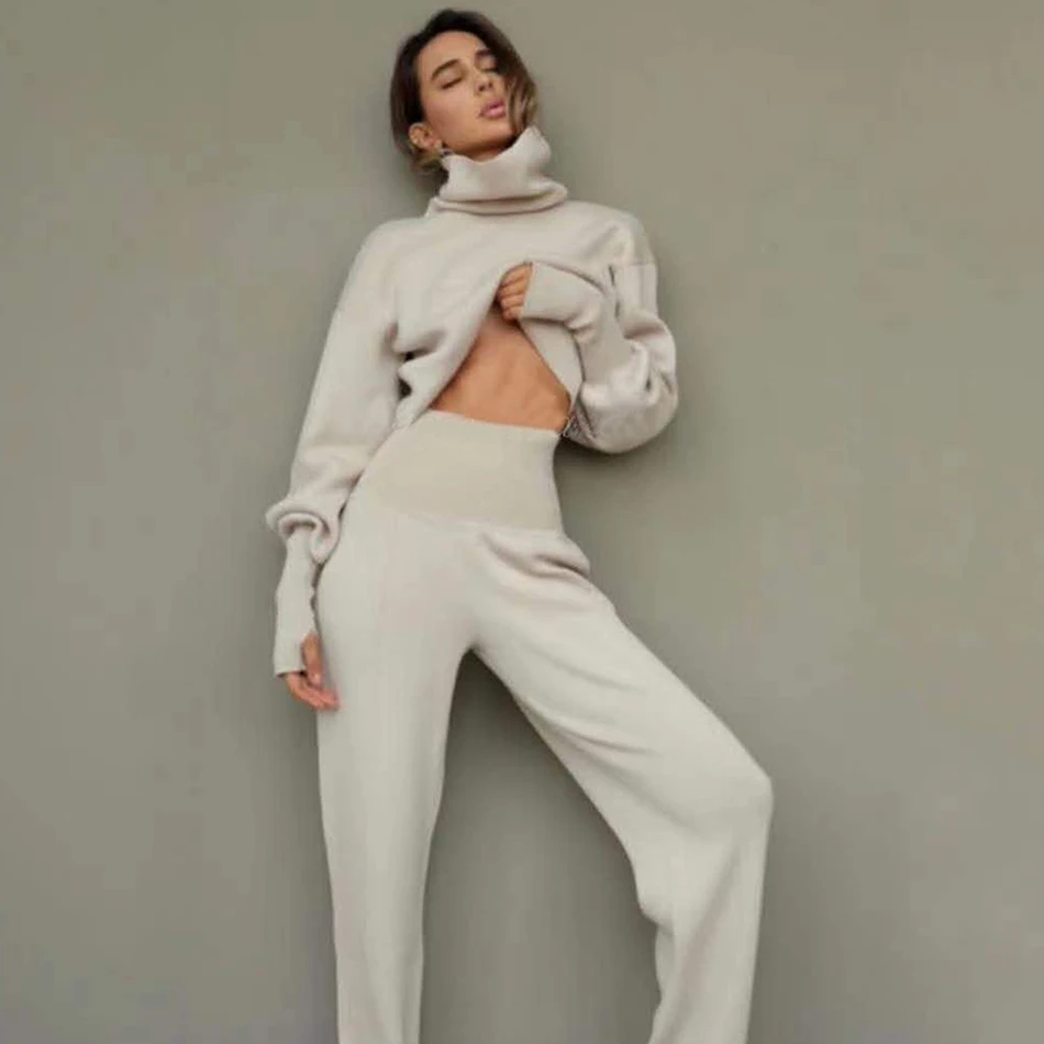 

High-Quality Women'S Loose Knitting 2 Two-Piece Set Autumn/Winter 2021 Sexy High-Neck Long-Sleeved Pullover + Pants Casual Set