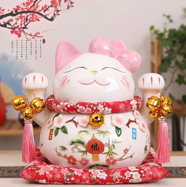 Мультяшная Статуэтка Maneki Neko Oranment, керамическая фигурка счастливого кота, розовый галстук-бабочка, статуя кота Фортуны, Домашняя Декоративная копилка, копилка