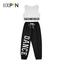 kids girls jazz costumes hip hop dance clothing set sleeveless letter print sport tanks crop top with pants set dance outfits