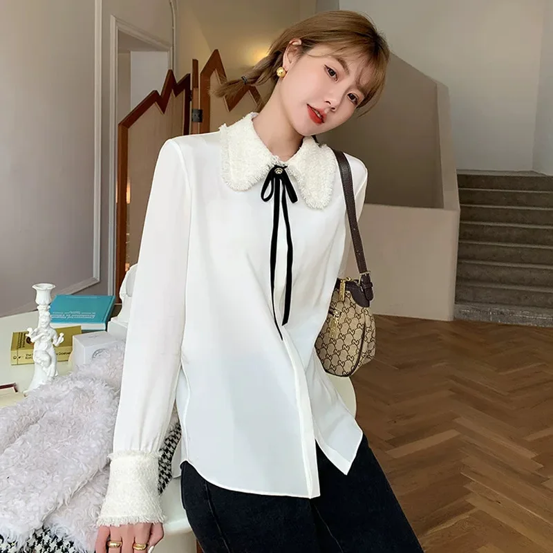 

Autumn and winter 2020 new baby collar bowknot woolen top White Chiffon shirt