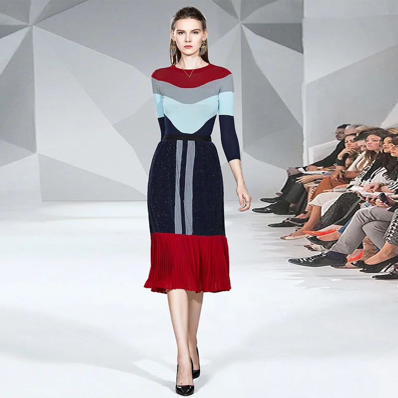 

European and American women's catwalk style autumn and winter elegant contrast color three-quarter sleeve sweater + hot diamond