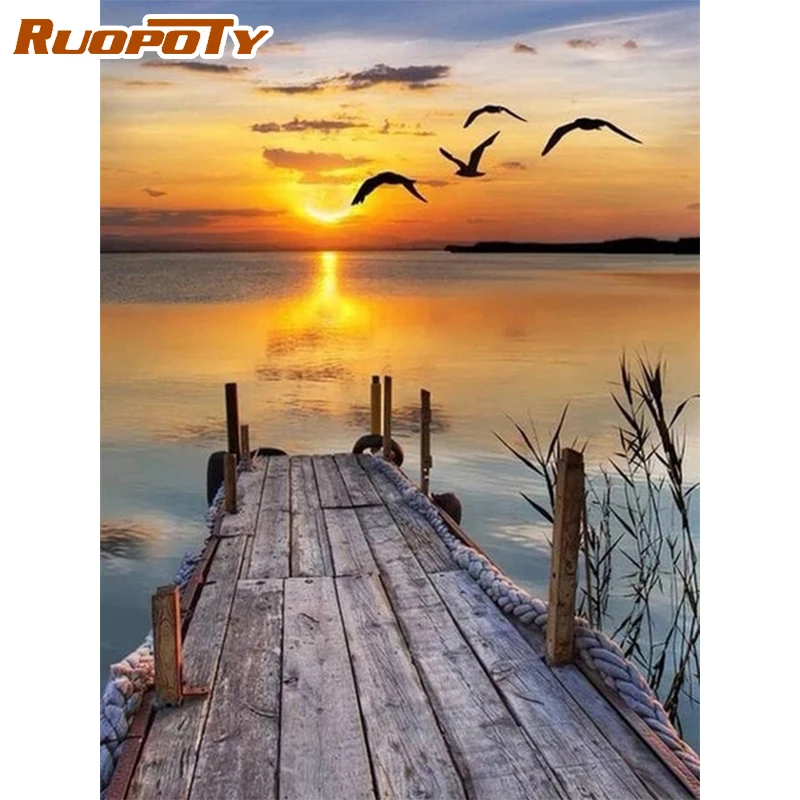 

RUOPOTY Frame Picture Diy Painting By Numbers Sunset Seaside Coloring By Numbers Acrylic Canvas Painting Handpainted Drawing Art