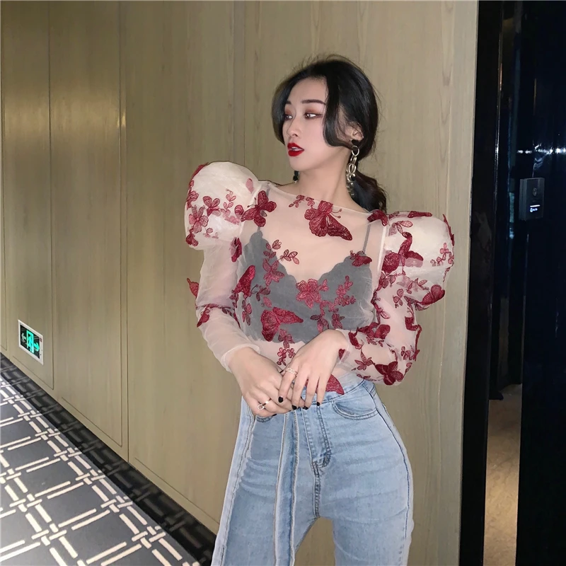 see through top women sexy shirt print o-neck Korean style spring new Women's Clothing womens tops and blouses ladies |