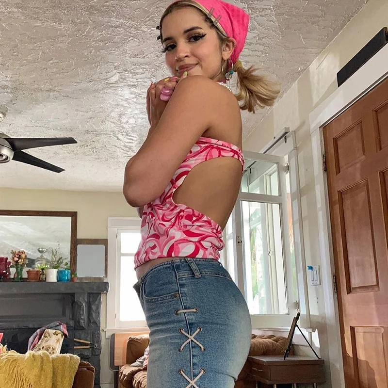 

Streetwear Y2K Pink Backless Wave Print Tube Tops 90s Aesthetics Vintage Hollow Out Sleeveless Tank Tops Sexy Vests Chic