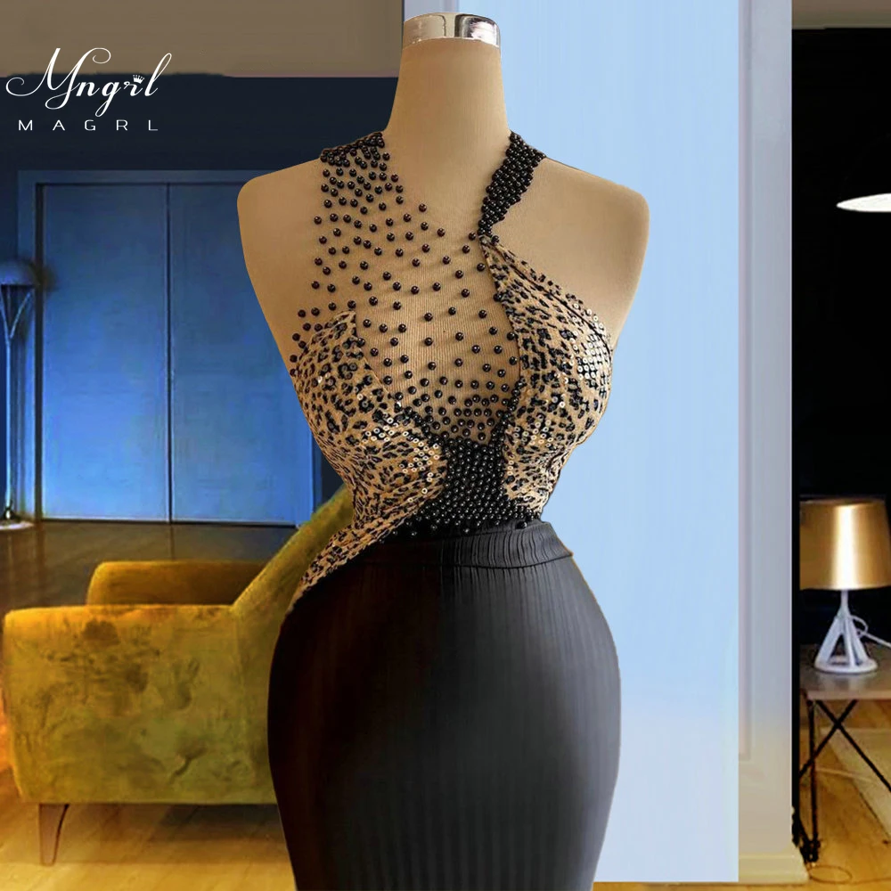 

MNGRL Luxury Evening Dress One-shoulder Long Sleeves Hand-applied Diamonds Glittering 2021 New Evening Dress Party Dress