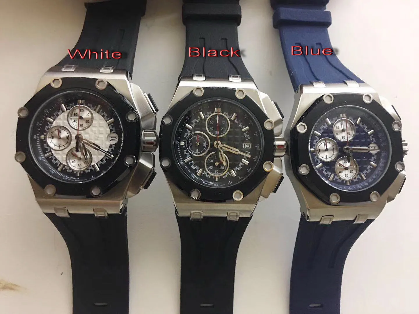 

Classic Men Stopwatch Sapphire Glass Oaks Silver Black Bezel Blue Rubber Chronograph Stainless Steel Watch Royal 48mm AAA+