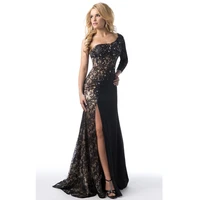 2018 fashion black one shoulder beaded lace side slit robe de soiree long sleeve vestido prom gown mother of the bride dresses