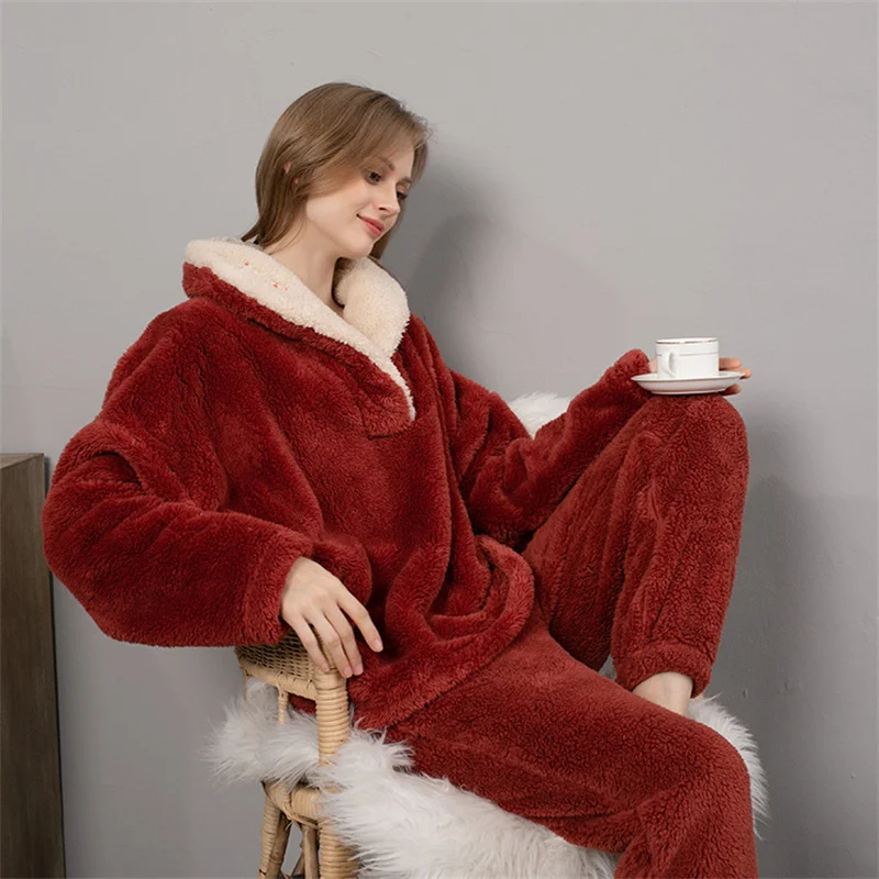 Women Flannel Pajama Set Solid Color Hooded Long Sleeve Top and Pants Nightwear Ladies Winter Thick Warm Homewear loungewear