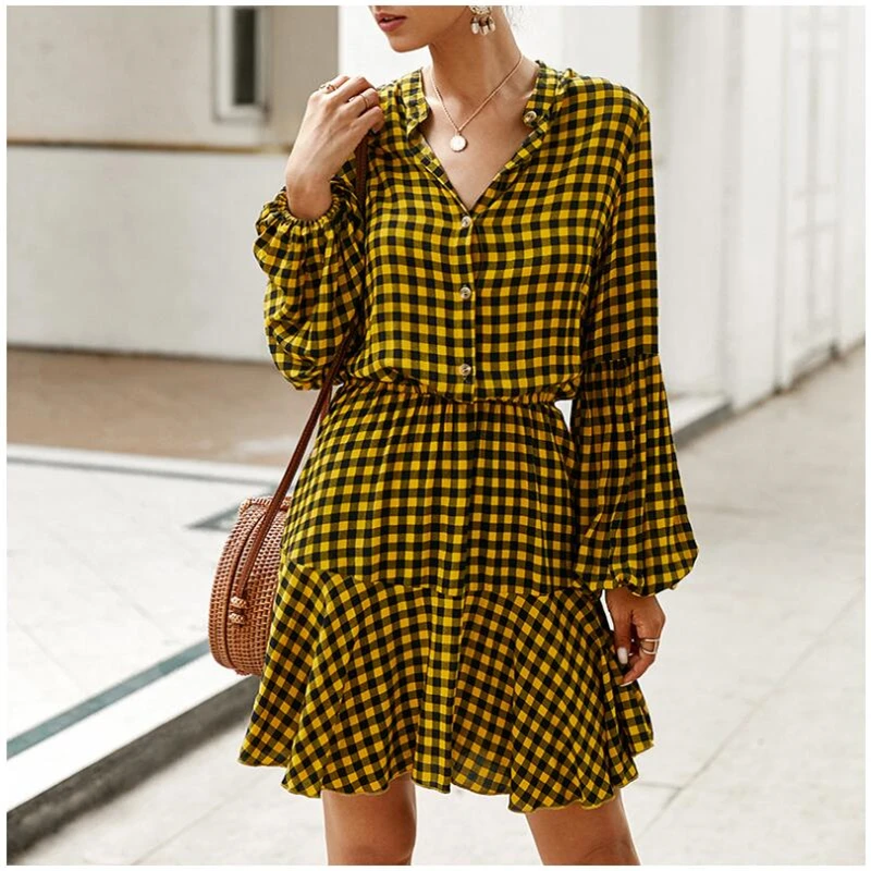 

women dresses Sexy v-neck autumn dress Plaid printed Elegant long sleeve mini dresses summer holiday dress Vestido 2020 G650