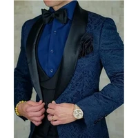 navy blue embroidery mens suits wedding tuxedos black shawl lapel 3 pieces groom formal wear slim fit blazer formal party gowns