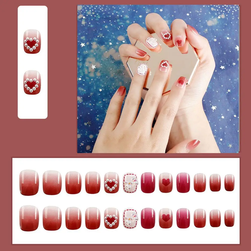 

Cute Gradient Rose Red Heart False Nails Nail Art Colorful Nail Patch