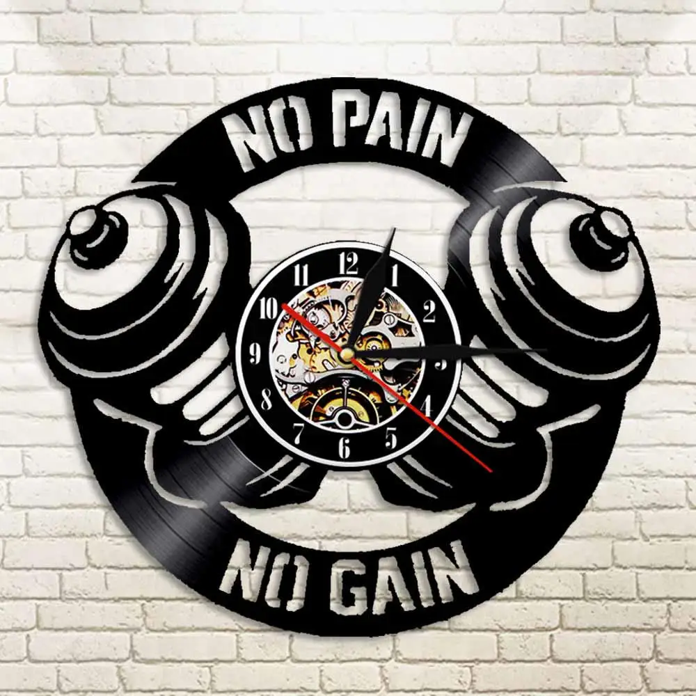 Workout Dumbbell Wall Clock No Pain Gain Cross fit Motivation GYM Fitness Sign Decor Vinyl Record Gift For Him | Дом и сад
