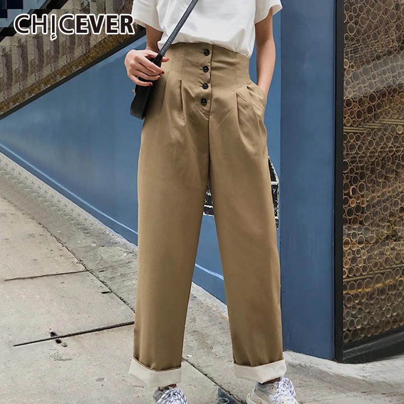 CHICEVER корейские винтажные Широкие штаны для женщин с высокой талией и карманами