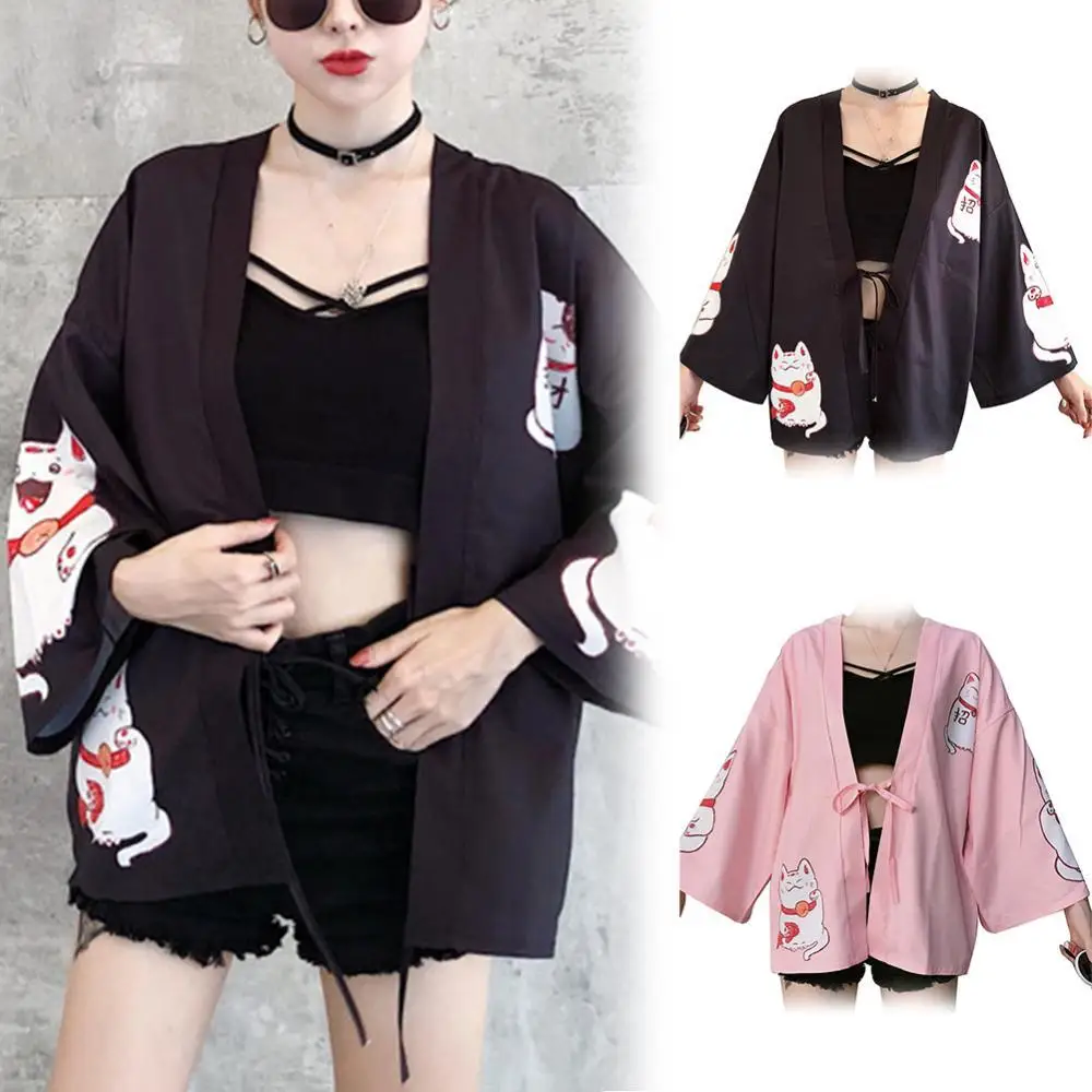 

Оптовая продажа 2021, Милый Летний Пляжный женский кимоно Lucky Cat12 с принтом, свободный бандажный кардиган, банный Халат