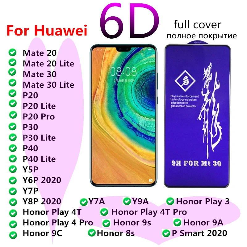 

rinbo 6D Tempered Full Cover Glass For Huawei Honor Play 3 4 4T Pro 8s 9s 9A 9C Y5P Y6P Y7P Y7A Y8P Y9A P Smart Screen Protector