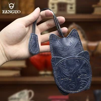 retro cat pull type key bag genuine leather key wallet car smart housekeepers key holder case pouch