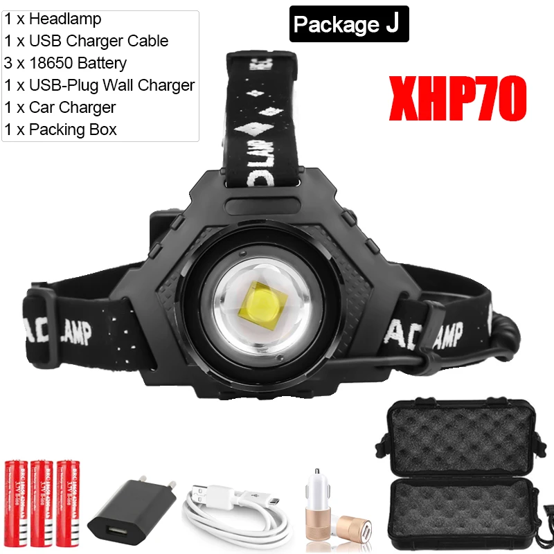 Package J Головной светильник мощный XHP70.2 светодиодный налобный фонарь USB Перезаряжаемые головной светильник XHP50 Водонепроницаемый головного фонаря ламповый патрон спереди светильник 18650 - Испускаемый цвет: Package J