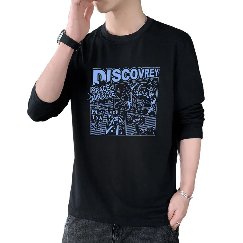 

Men's Long-sleeved T-shirt Pure Cotton Bottoming Shirt Men's Round Neck Spring and Autumn Tide Brand Ins Meitong Printing Loose