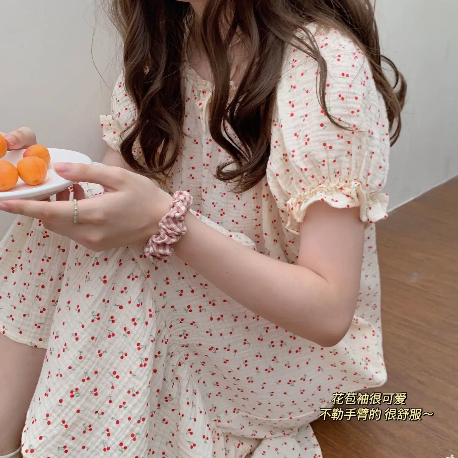 Large size nightdress small floral pajamas new summer skirt mid length over knee can be worn outside the home dress