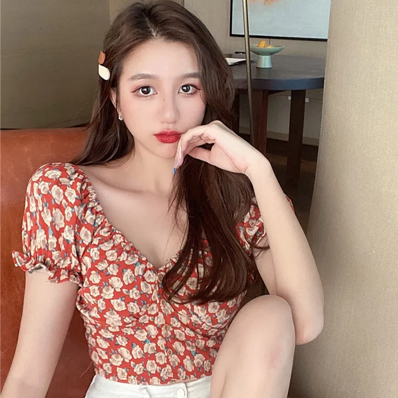 

Summer Fashion Floral Print Blouse Pullover Ladies V-Neck Tee Tops Female Women's Short Sleeve Shirt Blusas Femininas Clothing
