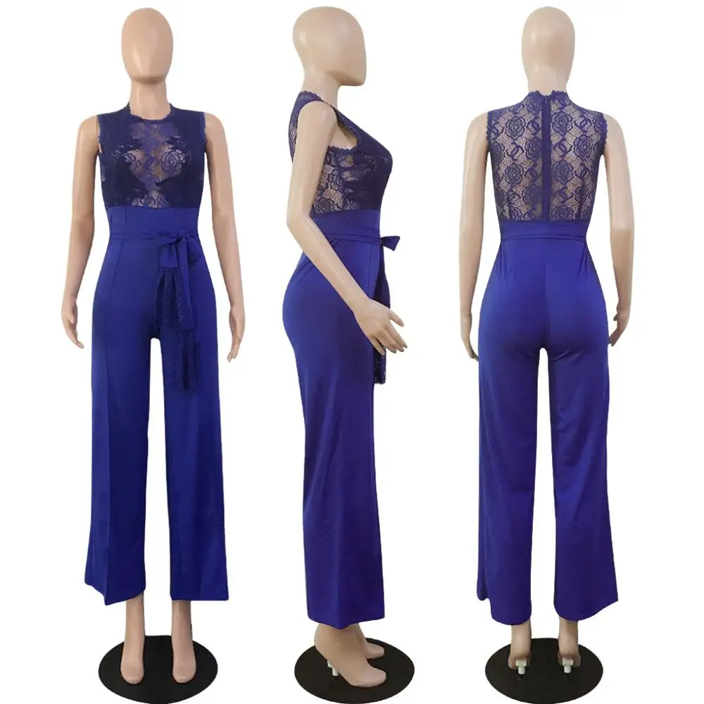 blue jumpsuit Adogirl Sexy Sheer Lace Applique Casual Jumpsuit Solid Black White Red Sleeveless Romper with Belt Women Wide Leg Pants Overalls - Цвет: blue jumpsuit