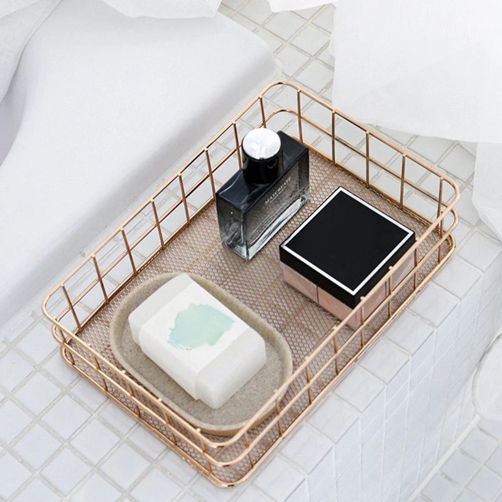 

Nordic Rose Gold Metal Wire Storage Basket Office Desktop Sundries Makeup Brushes Holder Table Cosmetics Organizer Iron Basket