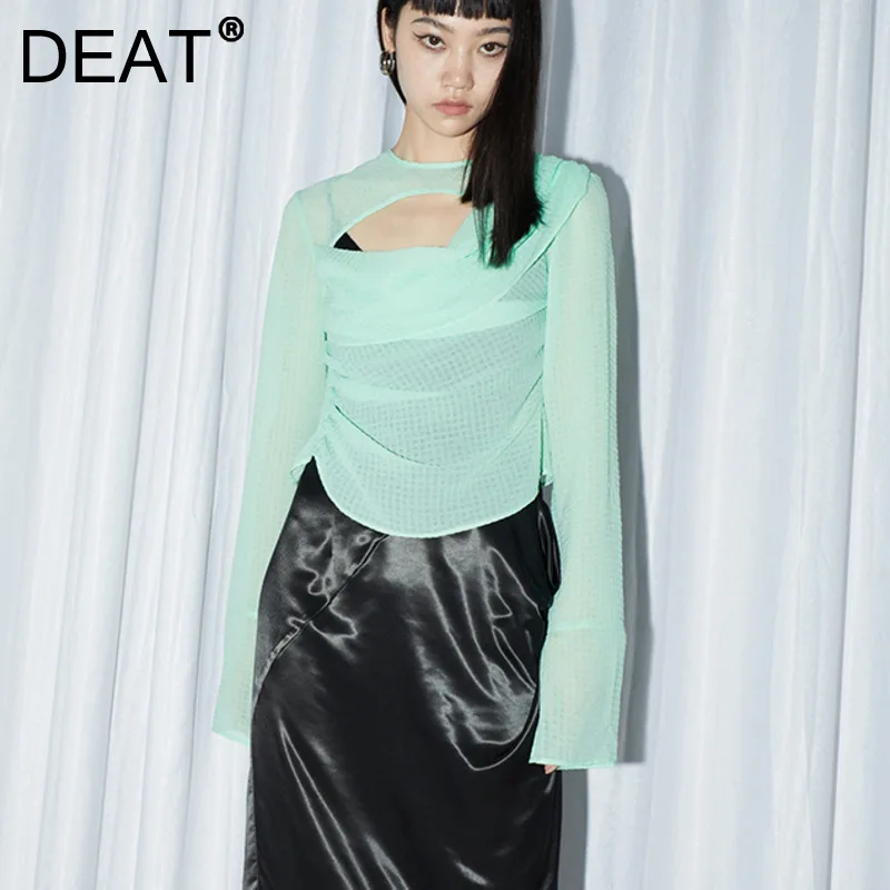 

Женская Асимметричная рубашка на шнуровке DEAT, повседневная Полупрозрачная рубашка с вырезами и воротником, весна-осень 2021