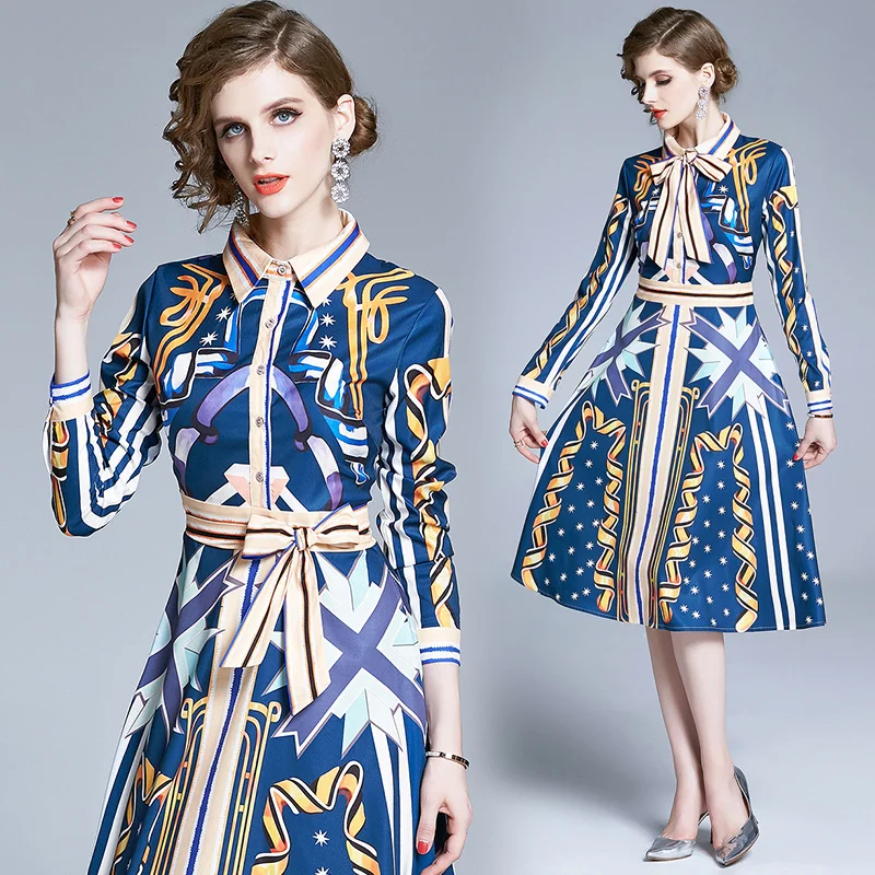 

Simgent Bow Dress Women Fashion Long Sleeve Belted Printing Blouse Dress Vestidos Robe Femme Jurken SG004281