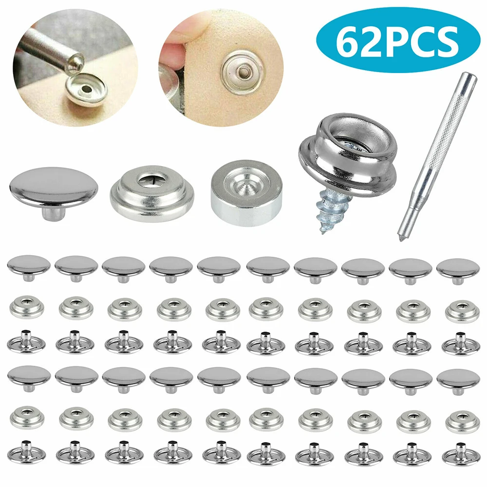 

62Pcs Stainless Steel Canvas Snap Fastener Cap Sockets Screw Stud Silver For Marine Application Stainless Steel Iron Copper Tool