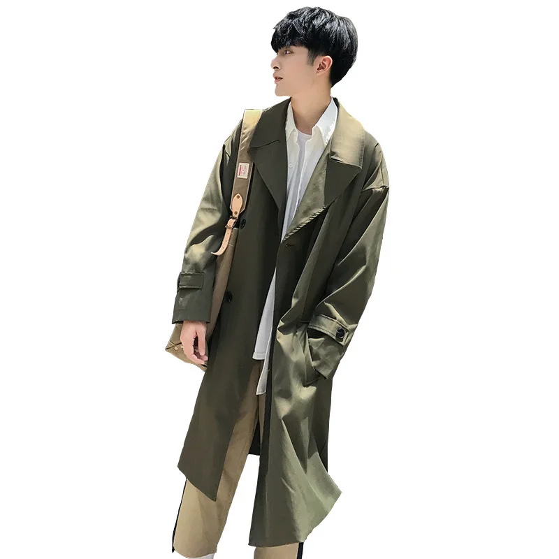 Fashion 2021 Spring Men's Korean Style Men Trench Mid-Long Windbreaker Loose Casual Coats Solid Color Overcoat