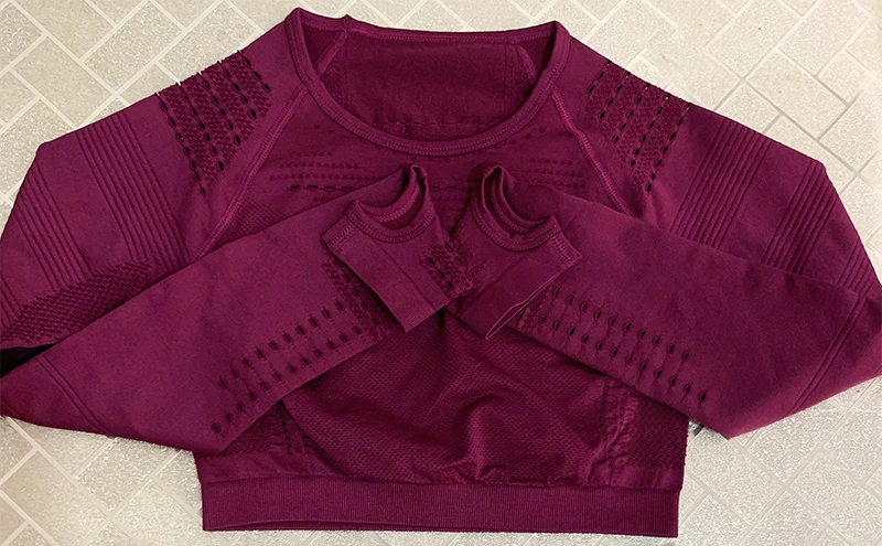 Wine red tops Женский бесшовный набор для фитнеса с высокой талией, энергетический спортивный костюм, спортивные сетчатые леггинсы, рубашки, спортивный костюм с длинными рукавами, спортивные комплекты для бега - Цвет: Wine red tops