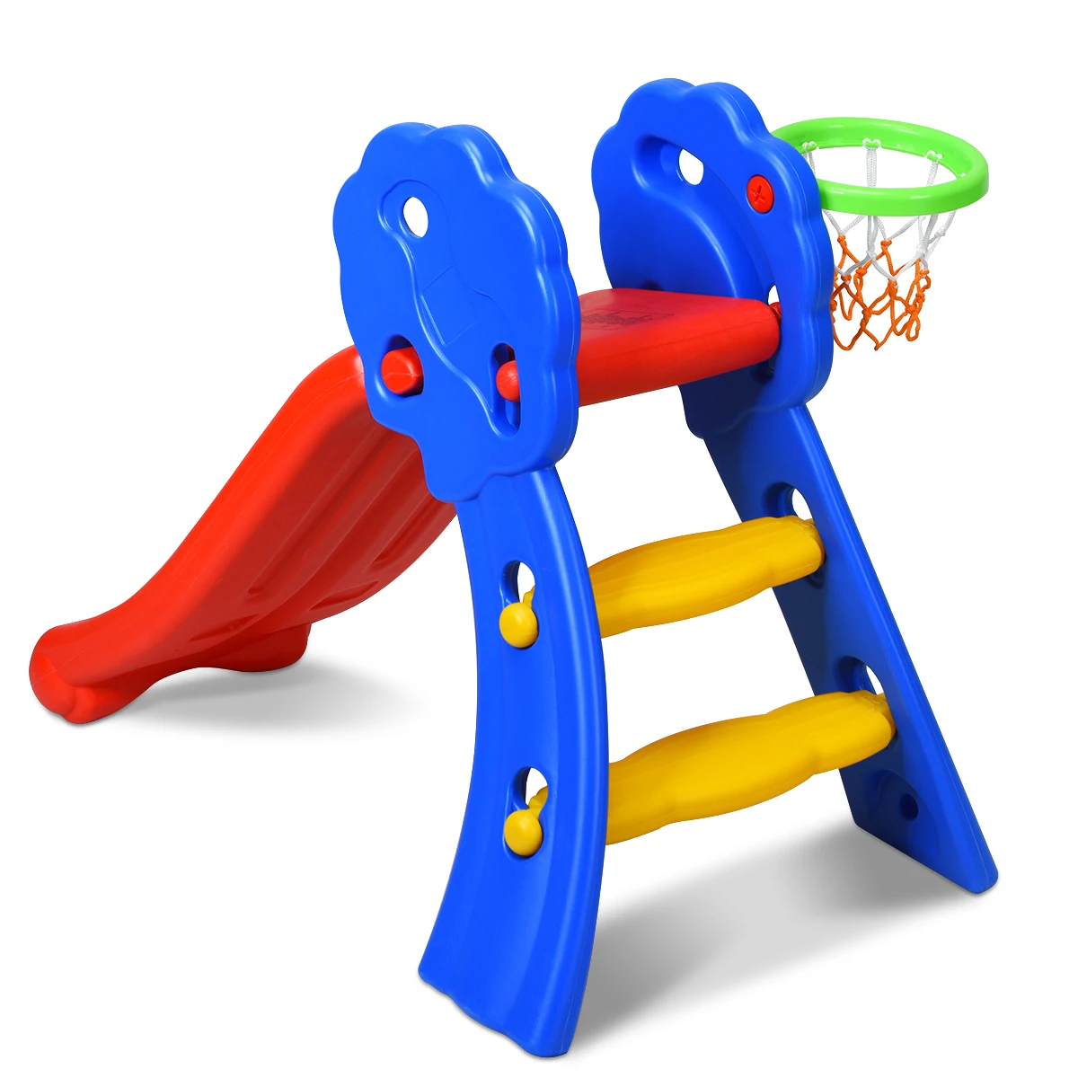 Tobog&aacute;n plegable de 2 escalones con aro de baloncesto para ni&ntilde;os, para interiores y exteriores-0